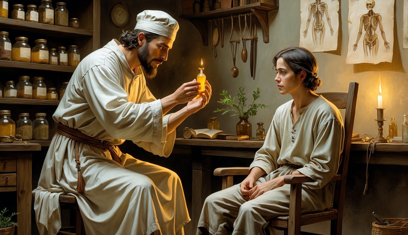 A historical scene showing a doctor offering a small cup of yellow liquid to a seated patient in an old apothecary filled with jars and medical tools.