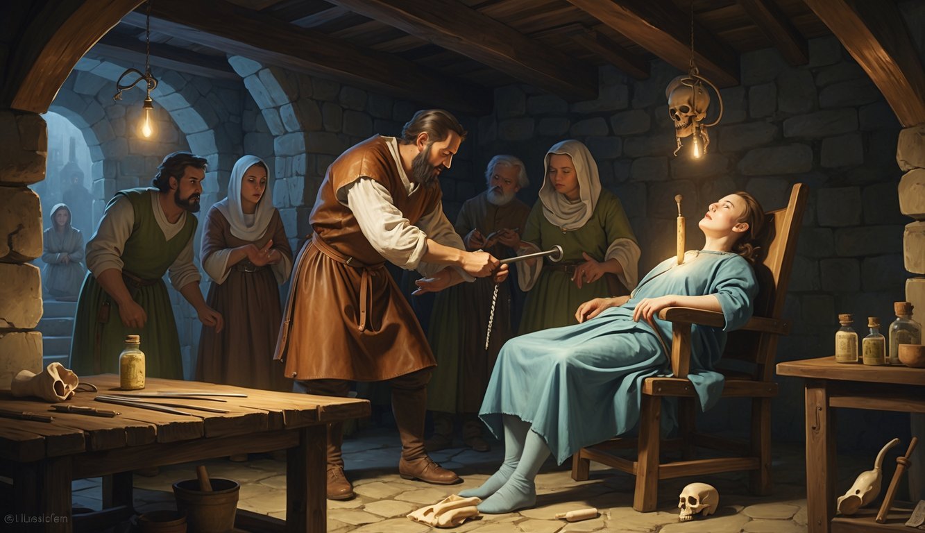 A healer performs trepanning by drilling a hole into a patient's skull while others watch in a dim medieval room.
