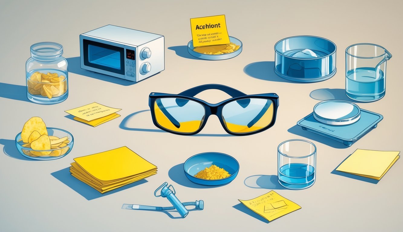 A collection of twelve everyday items including safety glasses, microwave oven, sticky notes, and potato chips, arranged together to show objects invented by accident.