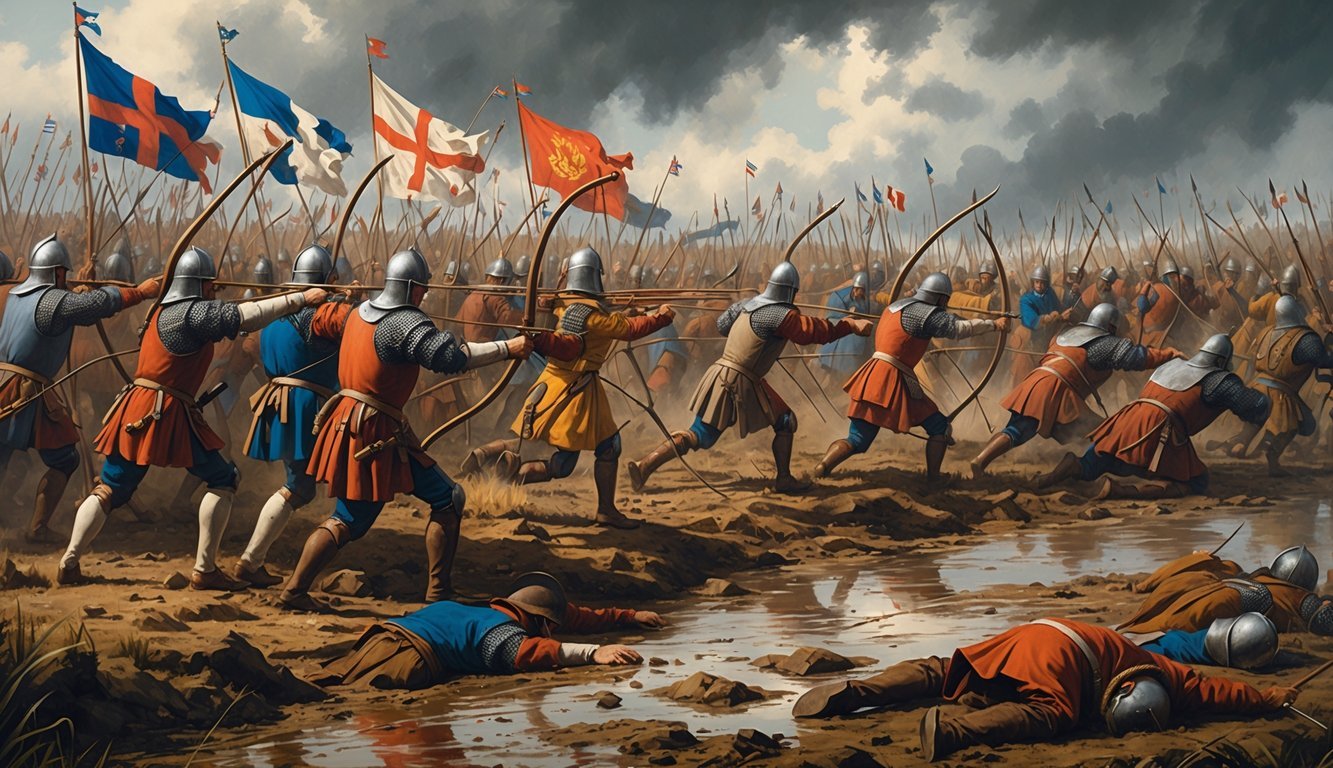 A medieval battle scene showing English archers firing arrows at disorganized French knights struggling in muddy terrain during a historic clash.