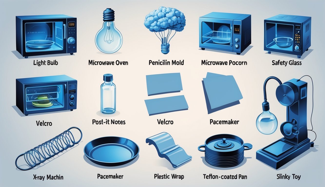 An illustration showing twelve everyday items invented by accident, displayed with an X-ray effect revealing their inner parts, arranged neatly on a neutral background.