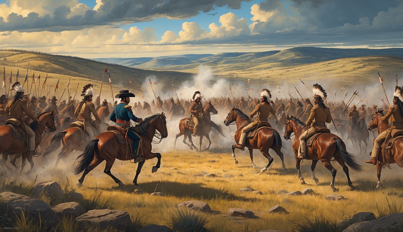 A chaotic battle scene showing General Custer and his soldiers surrounded by Native American warriors on horseback on the plains of Little Bighorn.