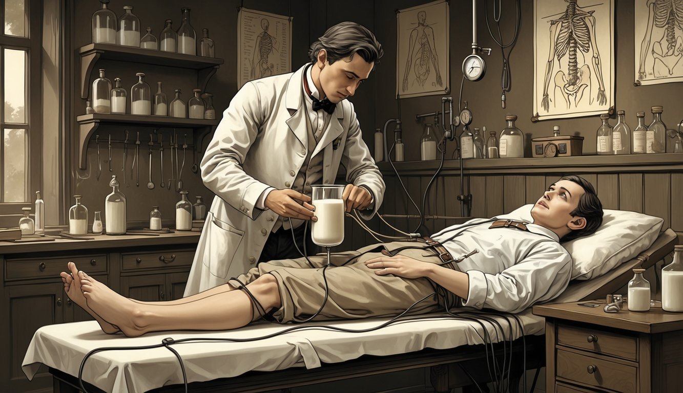 A Victorian-era doctor transfuses milk into a patient's arm in a dimly lit old medical room filled with antique instruments.