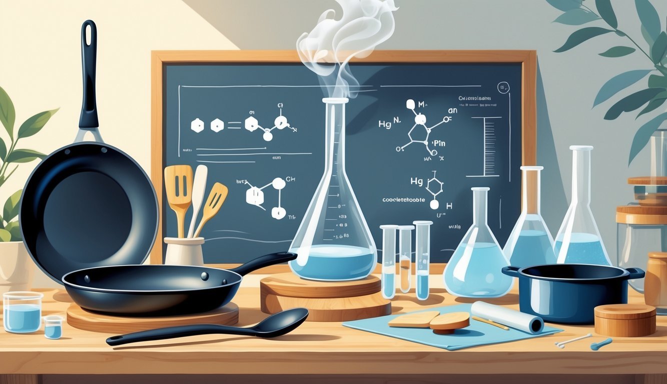 A workspace with twelve everyday items related to Teflon, including a non-stick frying pan, Teflon tape, kitchen utensils, scientific flasks, and fabric samples arranged on a wooden table.