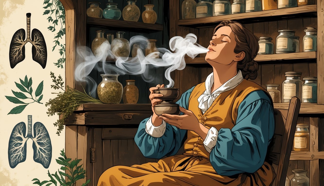 A person in old-fashioned clothing inhaling smoke from burning herbs in a rustic room filled with dried herbs and jars.
