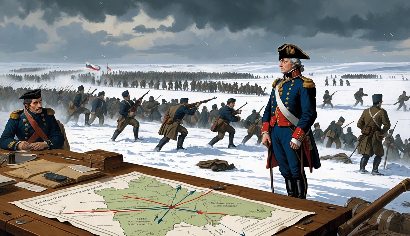 Napoleon and his soldiers struggling through a snowy battlefield during the Russian campaign, with a map showing battle locations and Russian forces advancing in the distance.