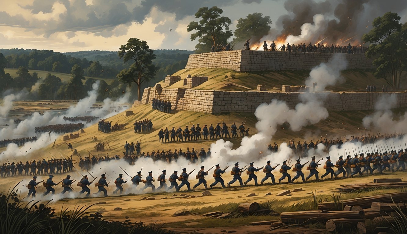 Union soldiers advancing across an open field toward well-fortified Confederate defenses on a hill during a Civil War battle.