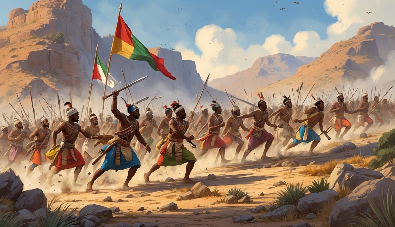 Ethiopian warriors triumph over surprised Italian soldiers in a mountainous battle scene during the Battle of Adwa.