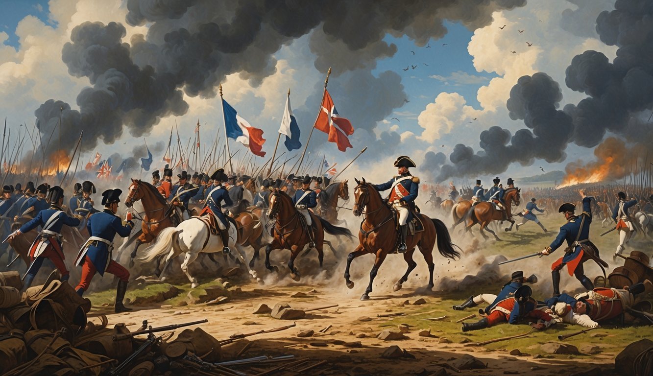 A chaotic battlefield scene showing French and Allied soldiers fighting, with Napoleon on horseback looking distressed as opposing forces advance.
