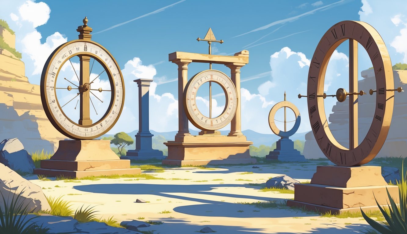 Several ancient sundials outdoors casting shadows to show the passage of daylight hours.