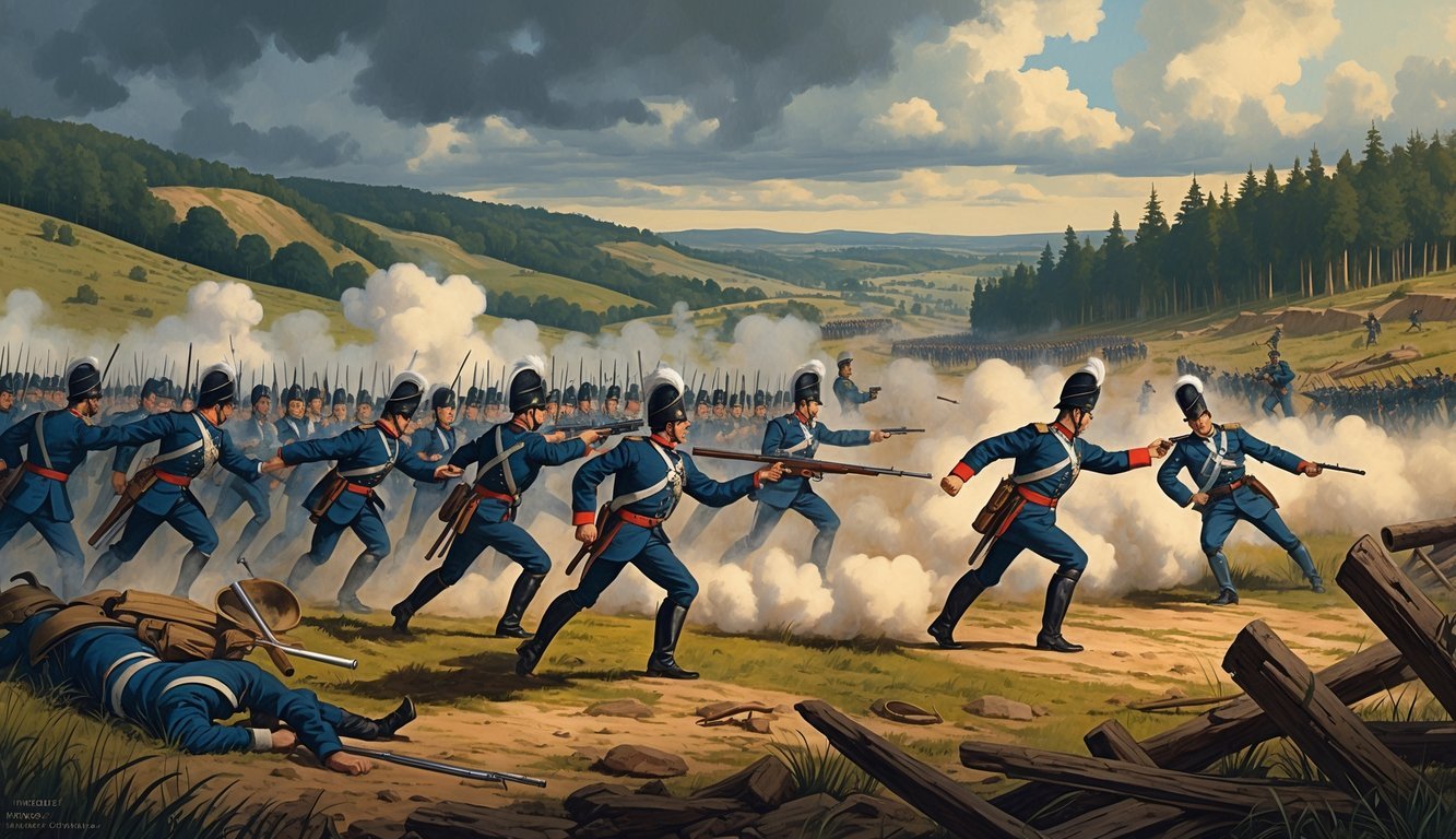 A battlefield scene showing Prussian soldiers advancing confidently while disorganized French troops retreat amid smoke and debris.