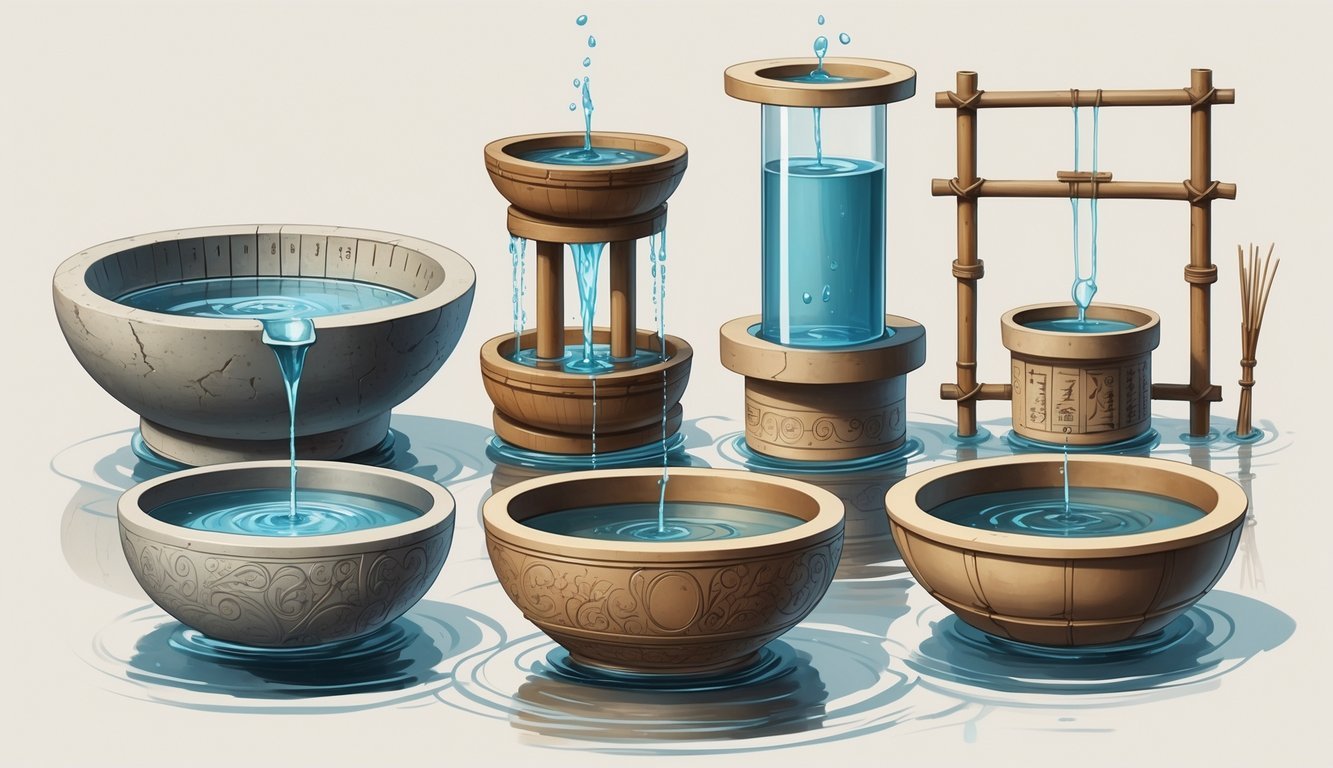 Seven different ancient water clocks showing water flowing through various containers to measure time.