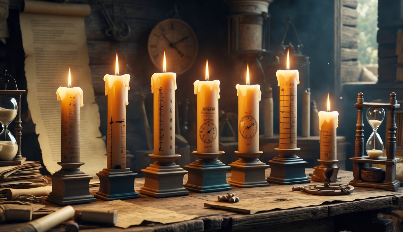 Seven ancient candle clocks burning steadily on a wooden table with various old artifacts around them.
