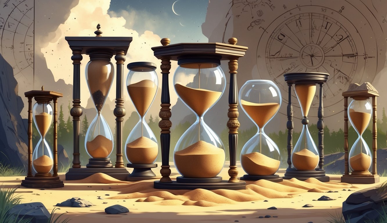 Seven ancient time-measuring devices including various hourglasses with flowing sand, sundials, water clocks, and candle clocks arranged together to show different ways people measured time.