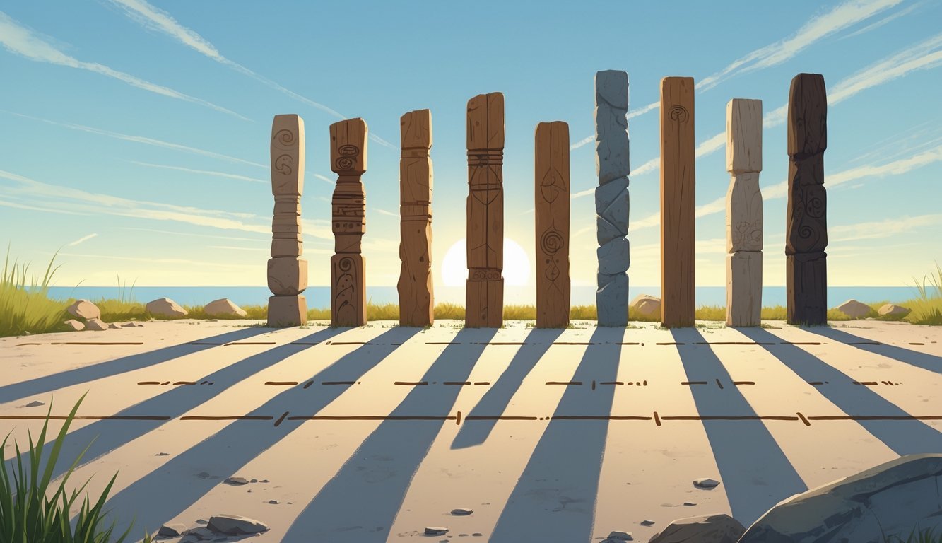 Seven ancient shadow sticks casting shadows at different times of day outdoors under the sun.