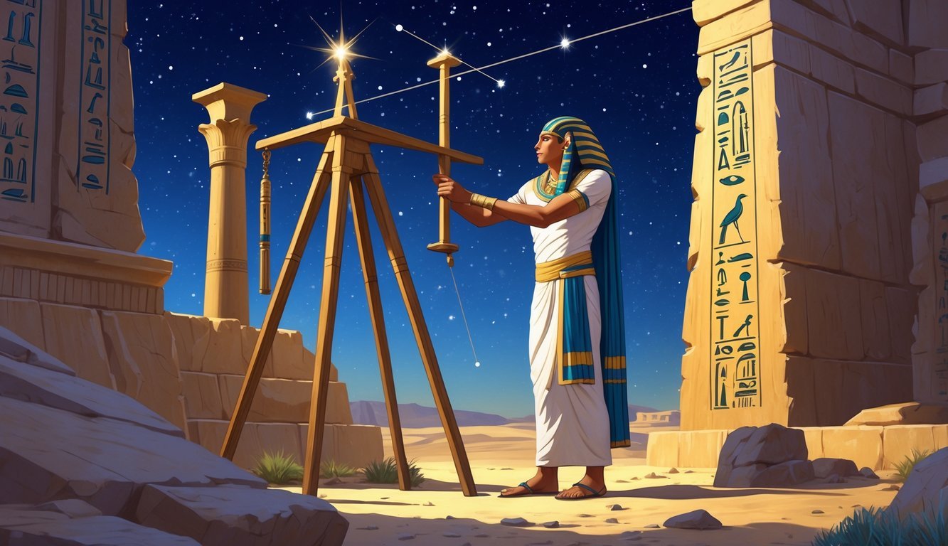 An ancient Egyptian astronomer using a wooden sighting tool called a Merkhet to measure time by aligning it with stars in the night sky near ancient stone walls.