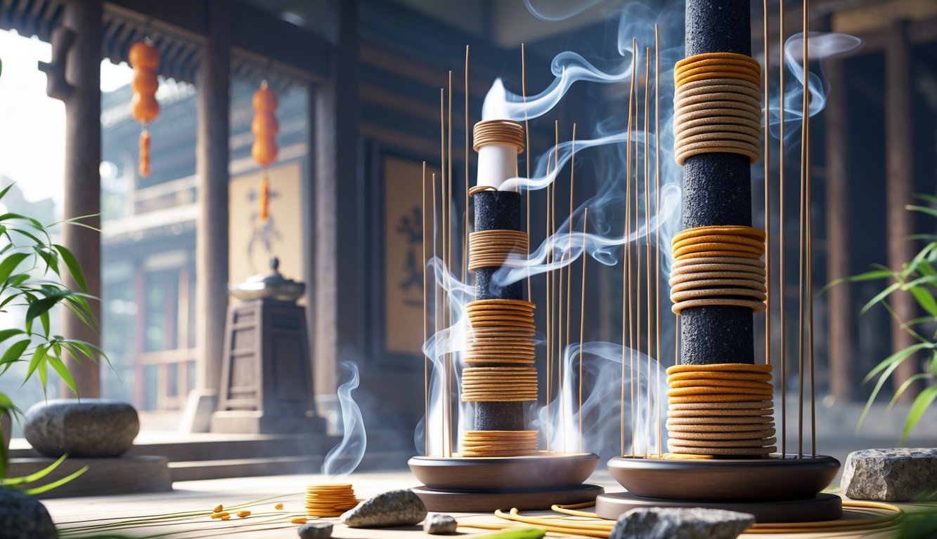 Ancient incense clocks with multiple layers of scented materials burning and emitting smoke to measure time.