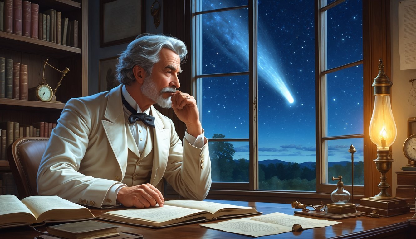 Mark Twain sitting at a desk in a study, looking out a window at Halley's Comet streaking across the night sky.