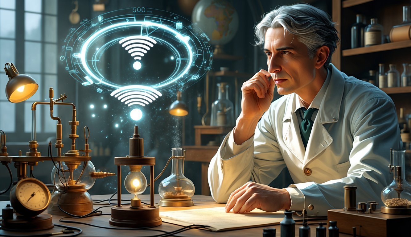 Nikola Tesla in a laboratory, looking thoughtfully at a glowing hologram of wireless communication signals and devices.