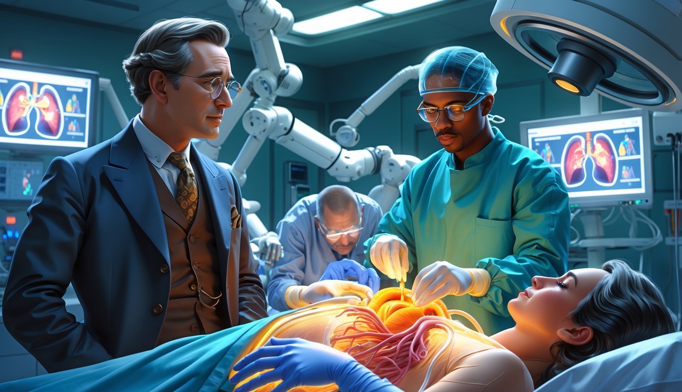 A man from the early 1900s watches a modern surgical team performing an organ transplant in a high-tech operating room.