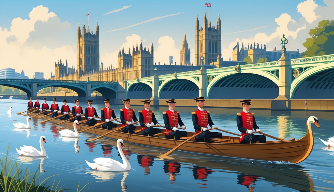 Rowers in traditional uniforms on wooden boats counting swans on the River Thames with London landmarks in the background.
