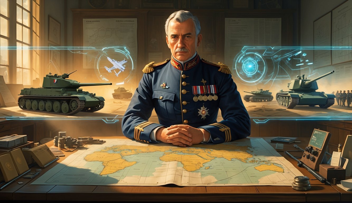 Ferdinand Foch in military uniform studying a map table with futuristic battle scenes projected around him in a war room.