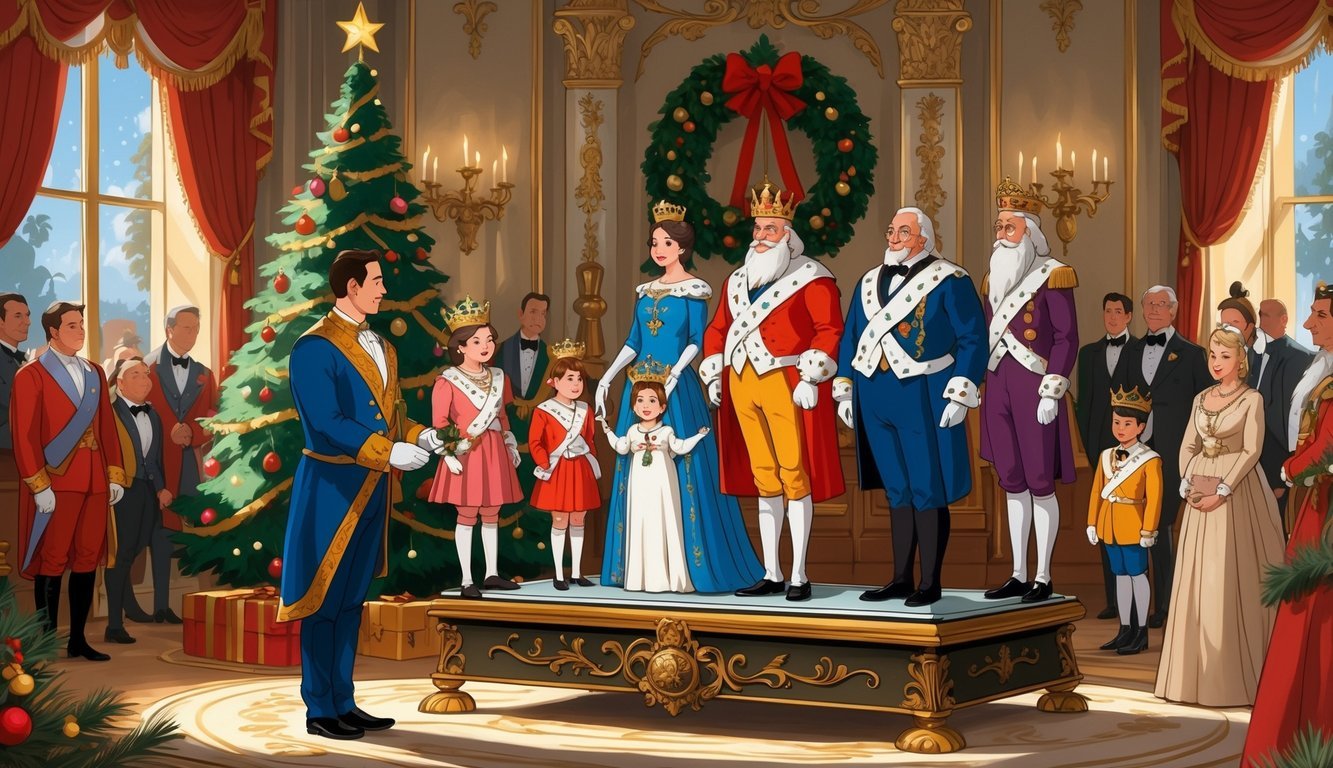 Royal family members dressed in festive clothing are being weighed one by one on a large ornate scale inside a decorated palace room during Christmas while attendants watch.