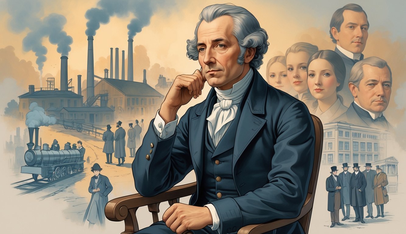 Alexis de Tocqueville in 19th-century clothing looking thoughtfully at symbolic scenes of American social changes including factories, diverse people, railroads, and urban growth.