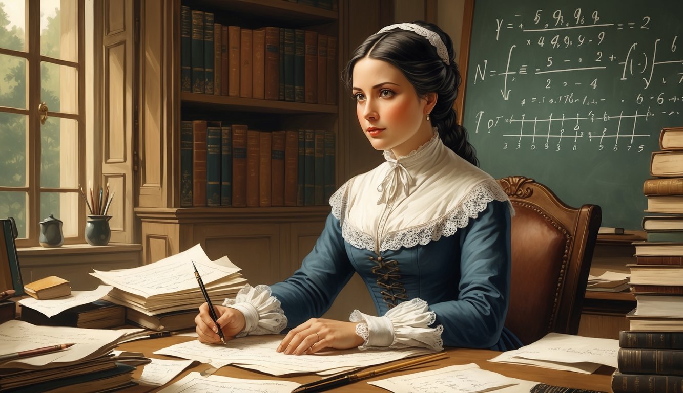 A woman from the 18th century seated at a desk covered with papers and books, looking thoughtfully at mathematical notes in a study filled with bookshelves.