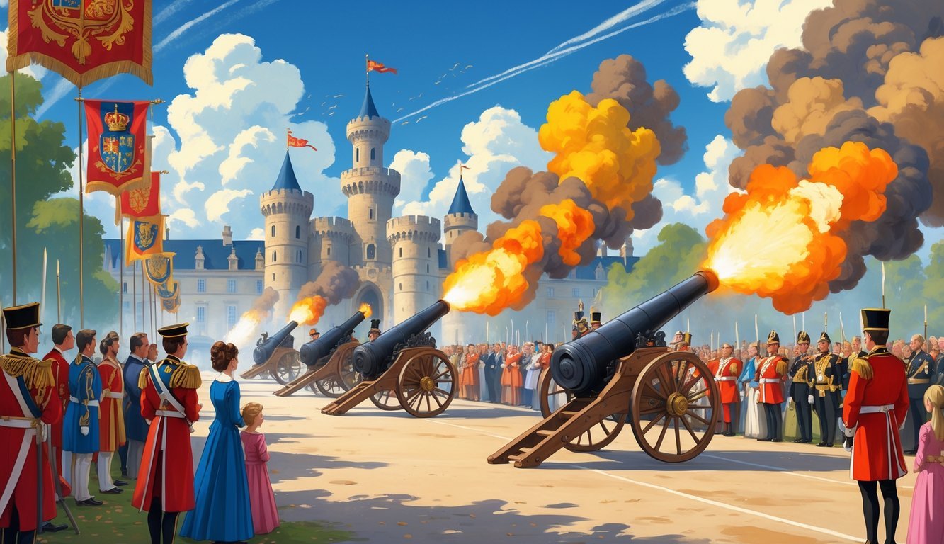 A royal celebration with guards firing cannons in front of a castle while a crowd watches.