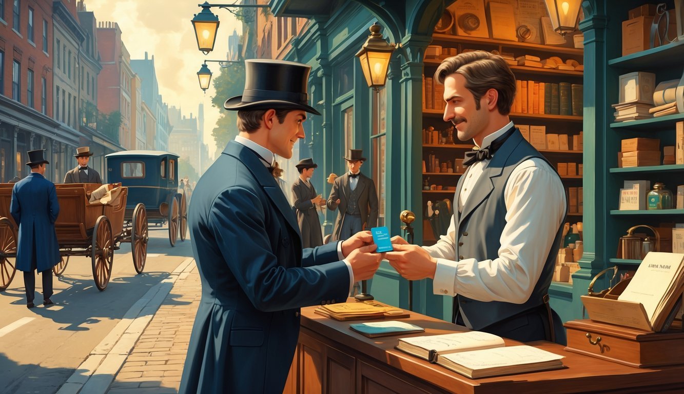 A Victorian-era street scene where a man hands a small rectangular card to a shopkeeper inside a vintage store, surrounded by horse-drawn carriages and period buildings.