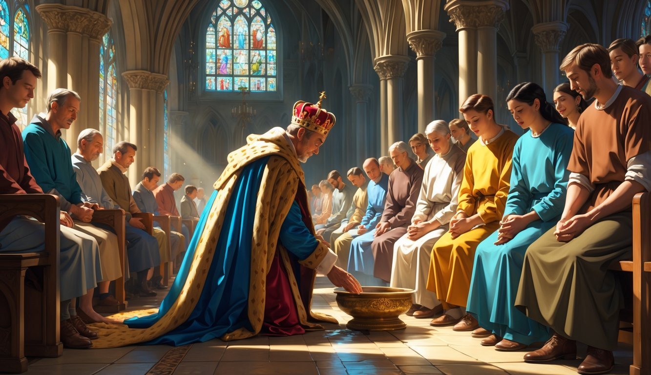 A monarch kneeling and washing the feet of seated commoners inside a grand cathedral during a traditional ceremony.
