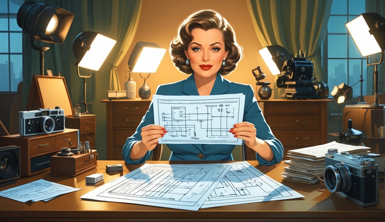 A woman from the mid-20th century sits at a desk with electronic parts and blueprints, with a film camera and stage lights in the background.