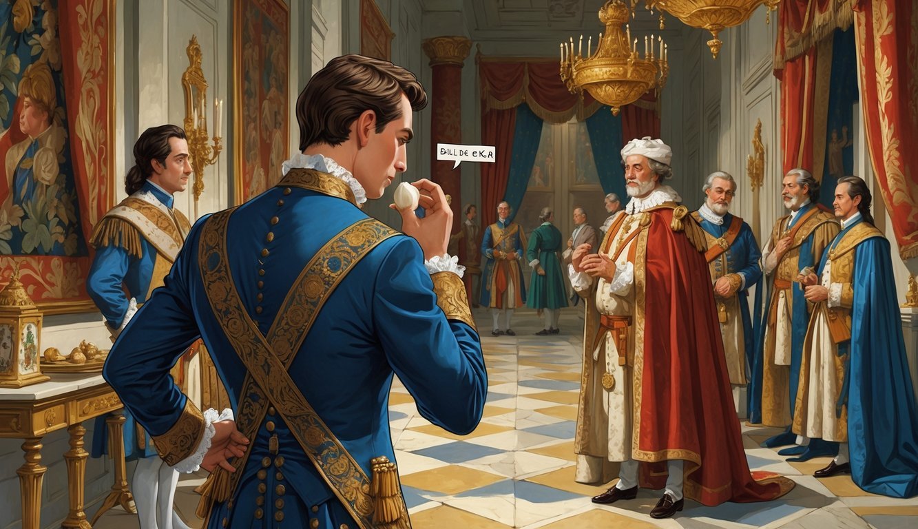 A nobleman in a royal palace hides a clove of garlic behind his back while a royal attendant gestures nearby, surrounded by other courtiers in an ornate hallway.