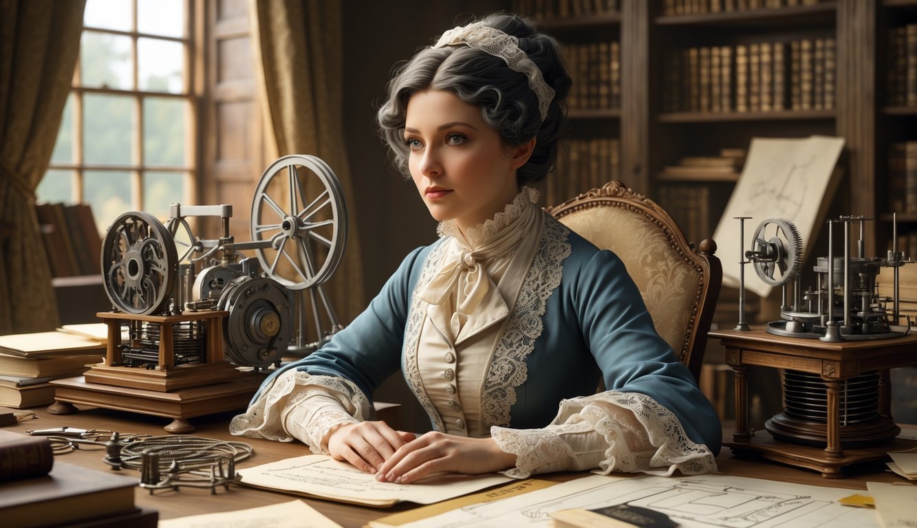 A woman from the 19th century sits at a desk surrounded by early mechanical computing devices and papers, appearing thoughtful and focused.