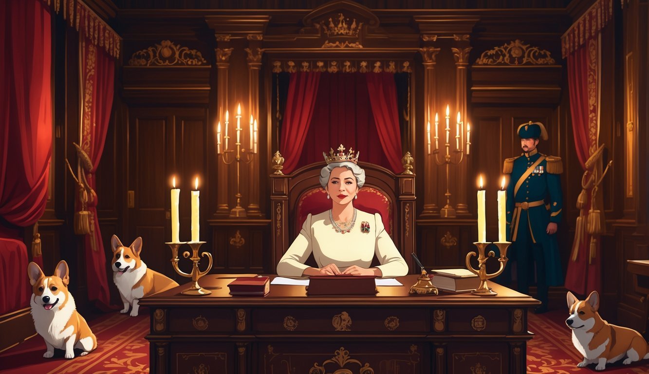 A queen delivering a speech by candlelight in a richly decorated royal room with candles, a corgi nearby, and a royal guard standing in the background.