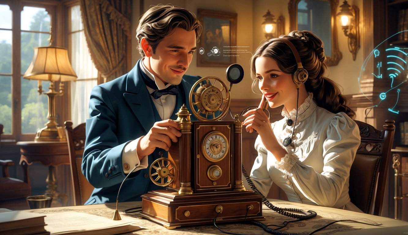 A Victorian-era man and woman using an early imagined mobile phone device made of brass and wood in a vintage parlor setting.