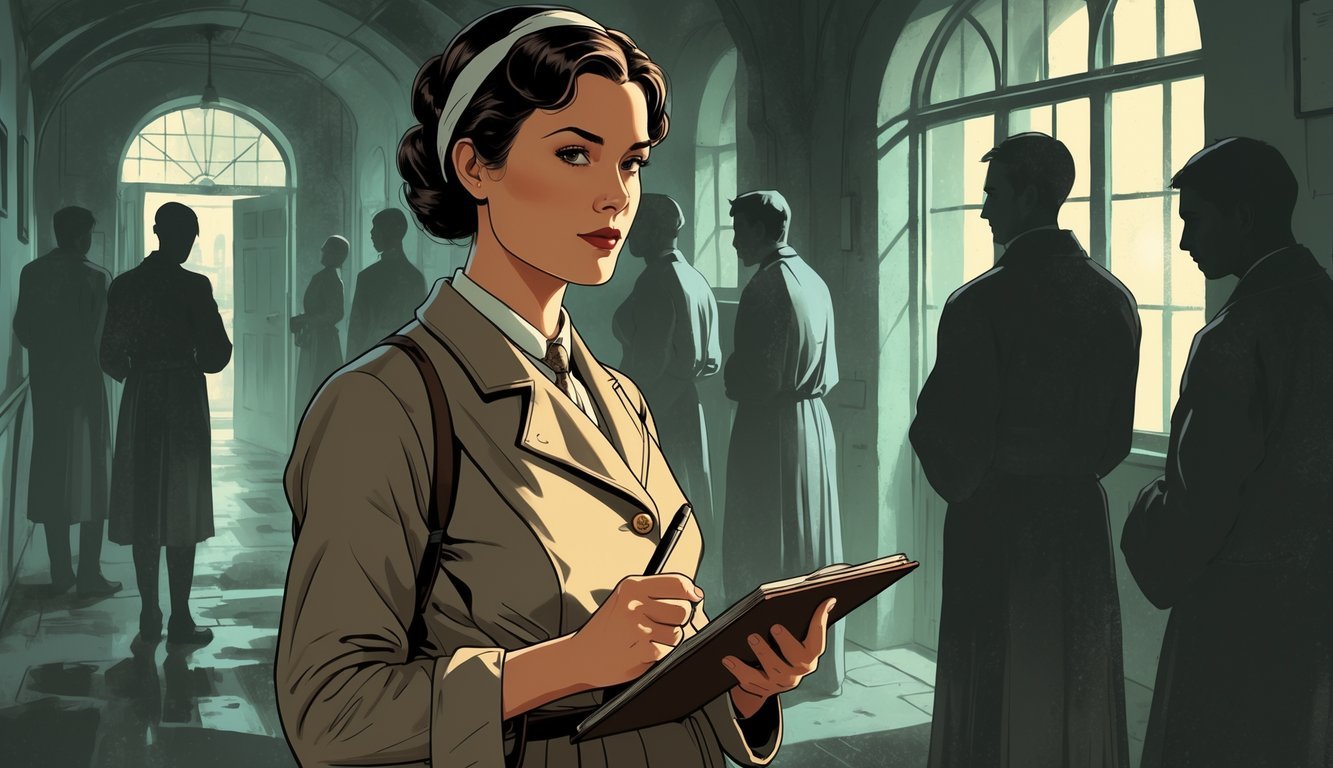 A woman in early 20th-century clothing holding a notebook inside a dimly lit mental health institution, surrounded by shadowy figures representing patients.
