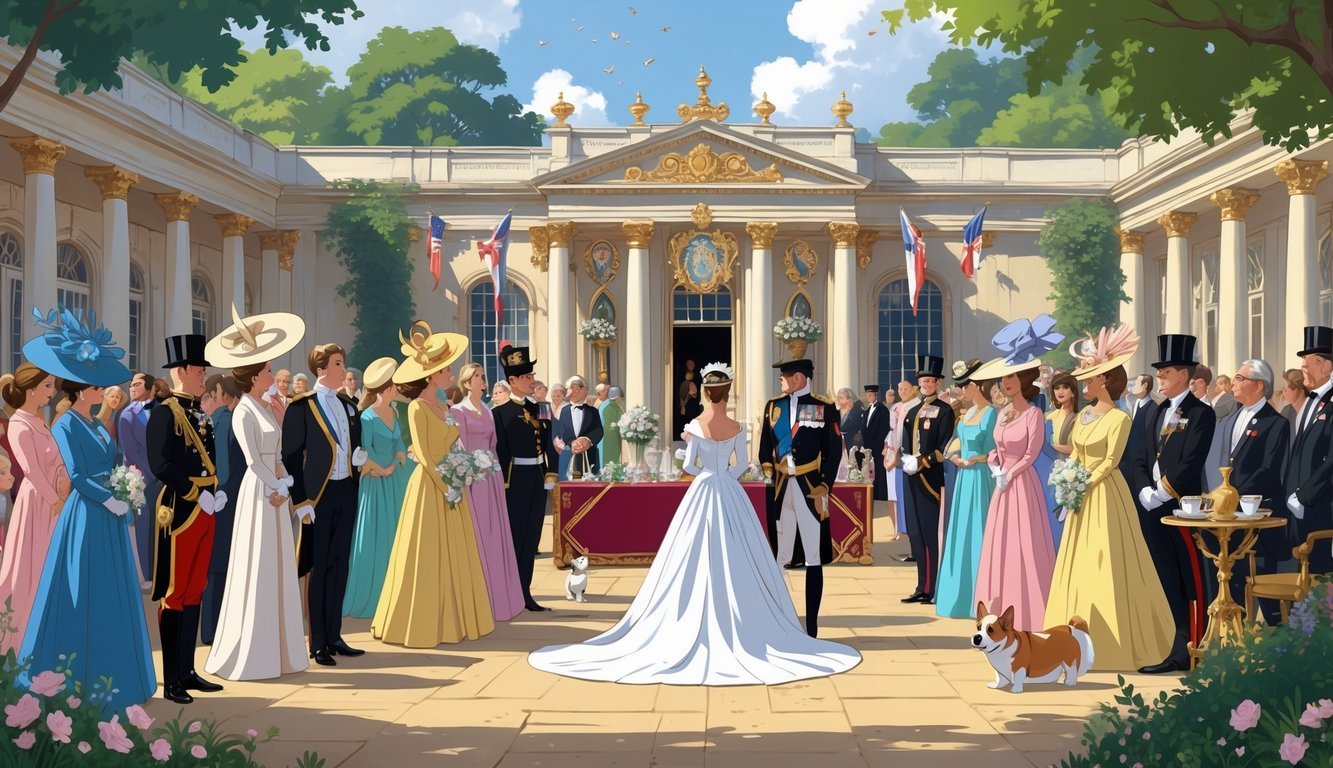A royal wedding scene showing the monarch without a hat among guests wearing elaborate hats, set in a grand palace courtyard with royal guards, a corgi dog, and traditional decorations.