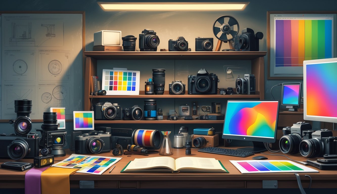A room showing a mix of old photography equipment and modern digital cameras and screens displaying colorful images, illustrating the evolution of digital color photography.