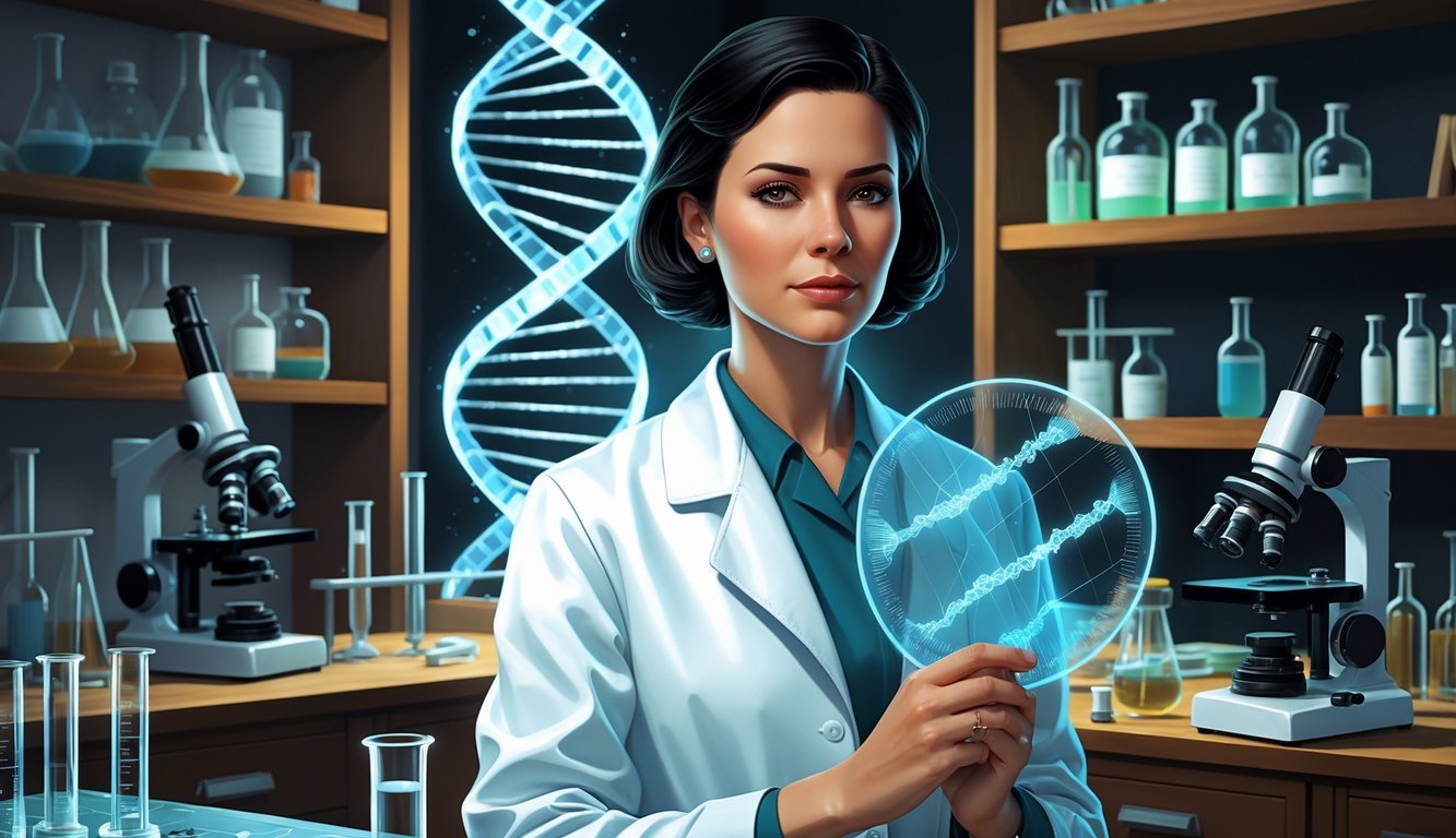 A woman in a lab coat holding an X-ray plate with a glowing DNA double helix model behind her in a vintage laboratory.