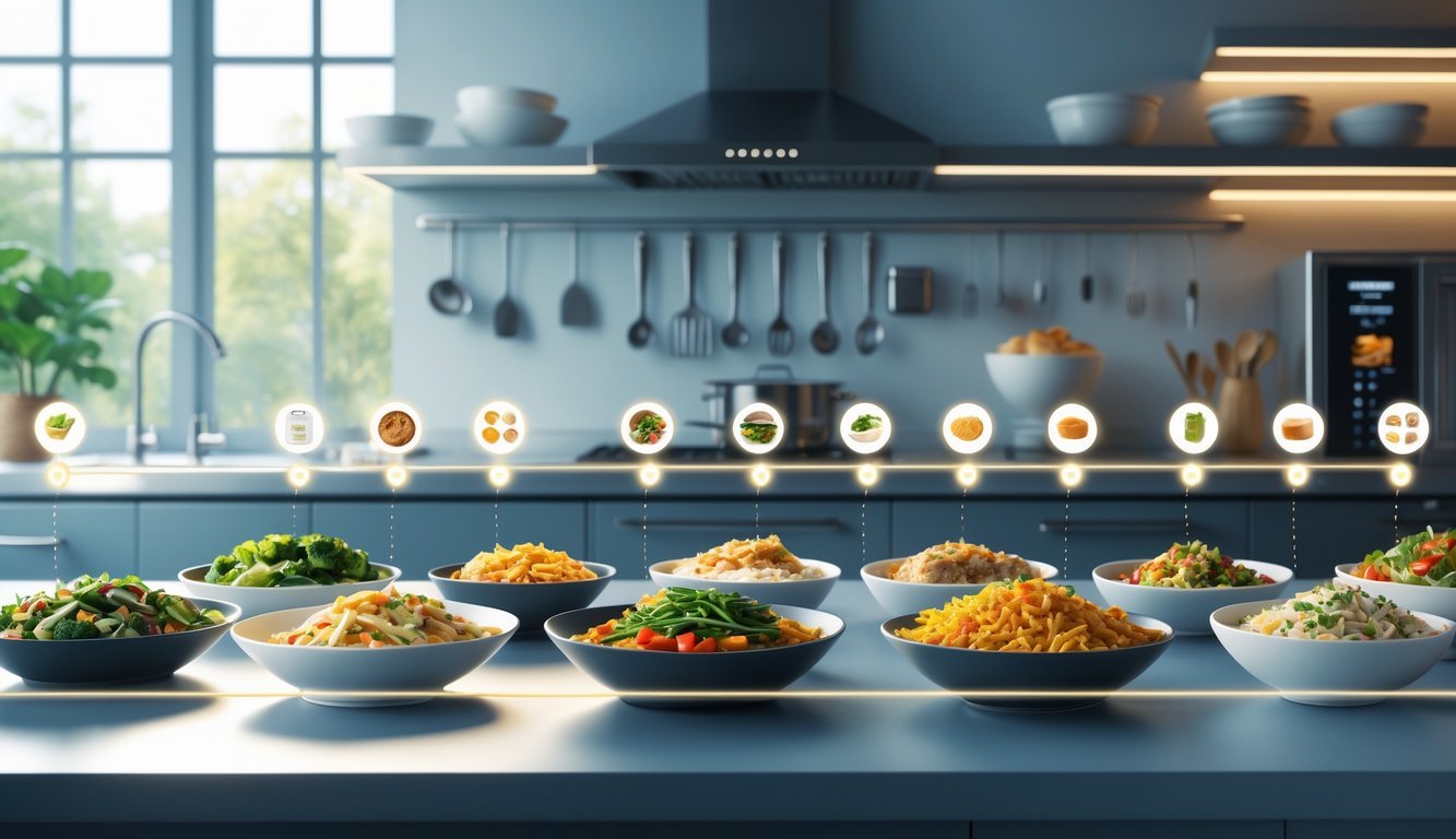 A modern kitchen with various prepared meals on a countertop and a horizontal timeline with ten icons representing historical predictions about the rise of the prepared meals industry.