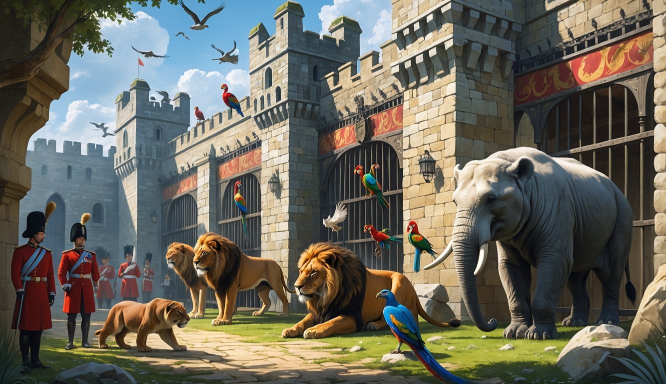 Various exotic animals including lions, birds, an elephant, and a polar bear inside enclosures at the Tower of London with guards nearby and medieval stone walls in the background.