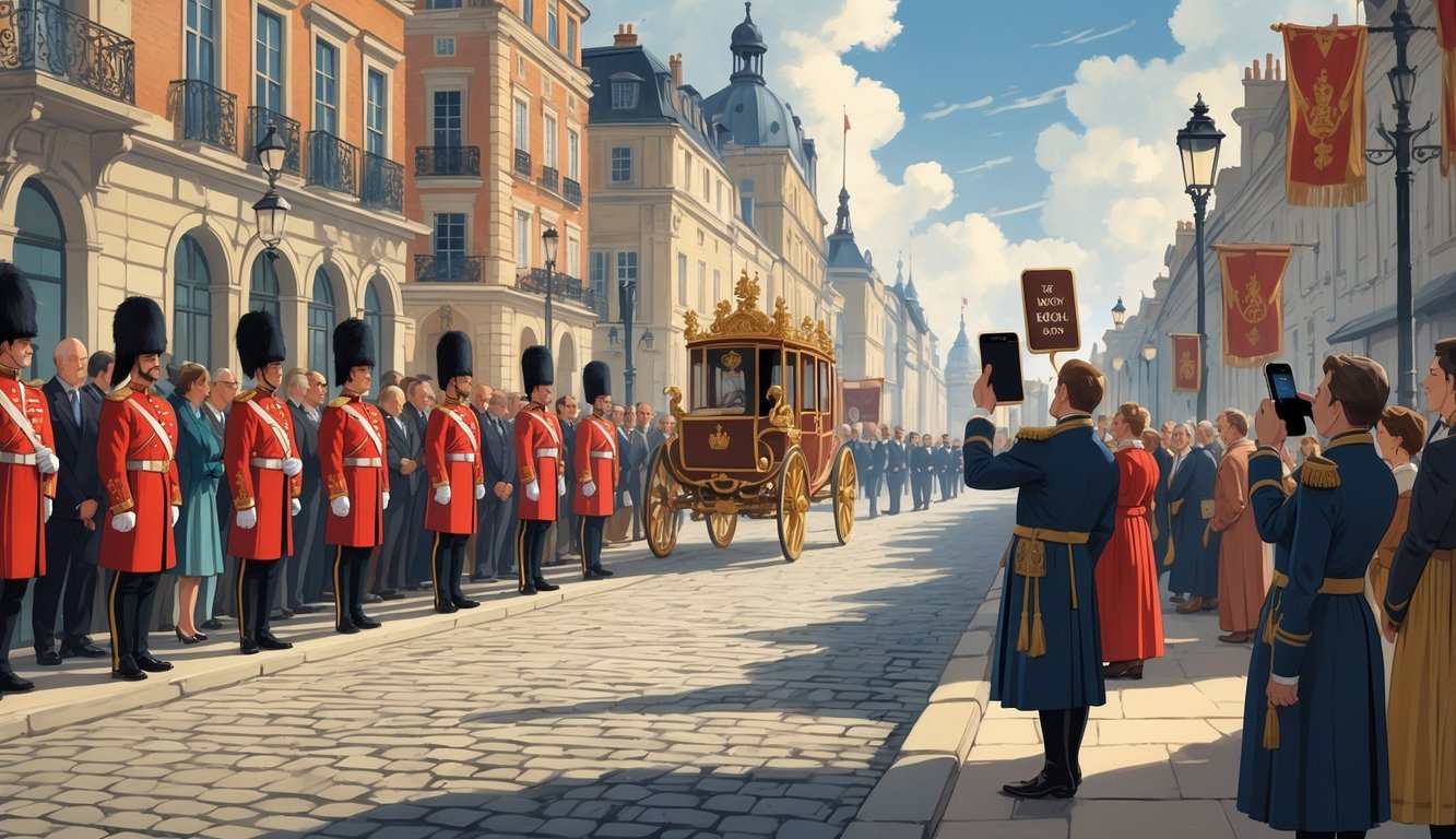 A royal procession with guards, a decorated carriage, and attendants signaling to silence phones while spectators lower their devices respectfully.