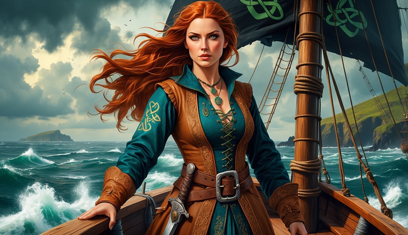 Grace O'Malley stands confidently on a pirate ship deck with stormy seas and cliffs in the background, wearing traditional 16th-century Irish pirate clothing.