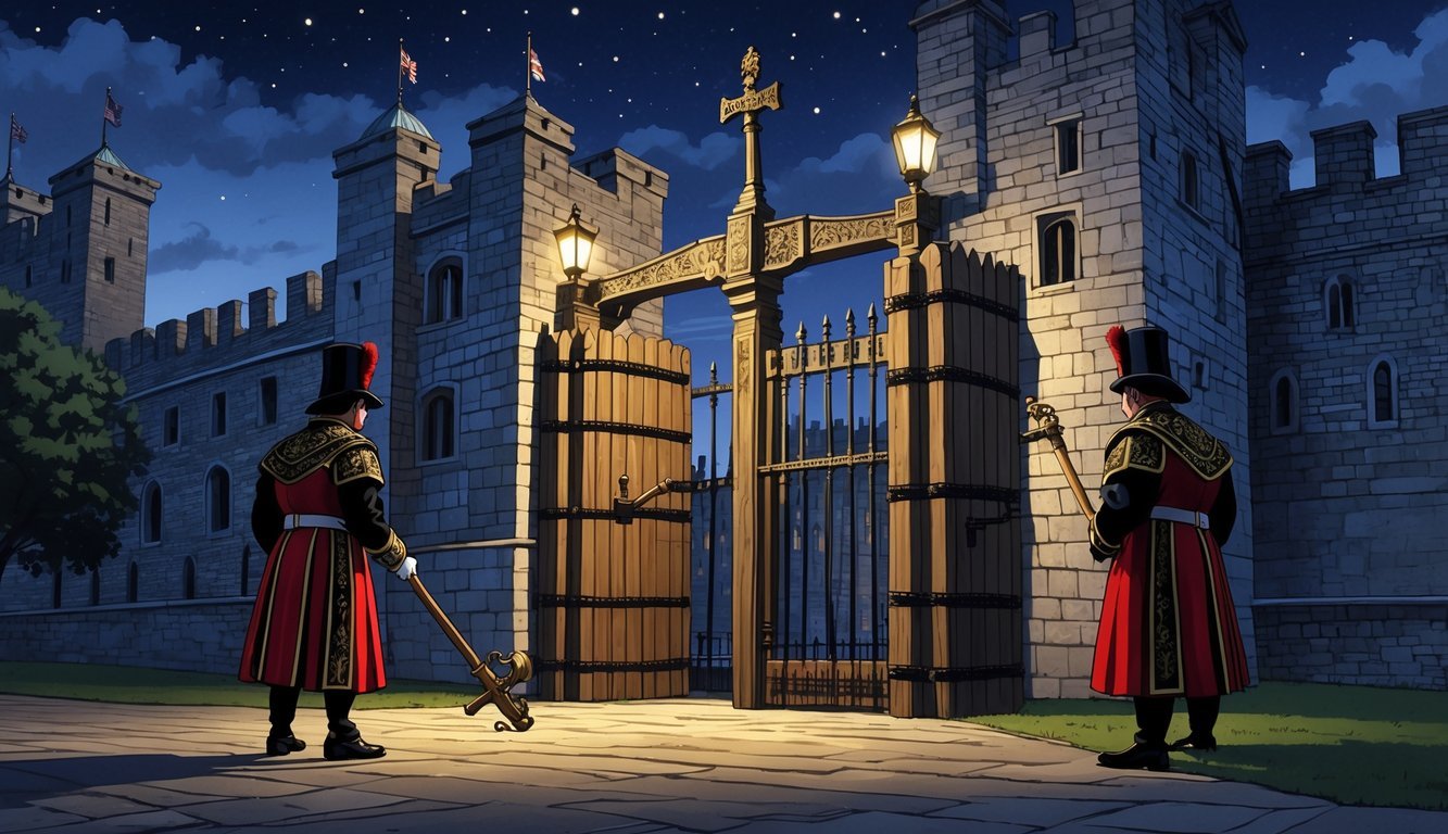 Two Beefeaters locking the gates of the Tower of London at night during a traditional ceremony.