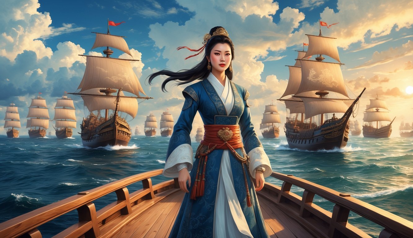 Ching Shih standing on a large pirate ship with hundreds of traditional Chinese ships sailing behind her on the open sea.