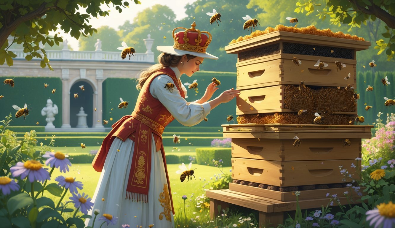 A royal beekeeper in traditional ceremonial clothing gently tending to a decorated beehive surrounded by bees in a palace garden.