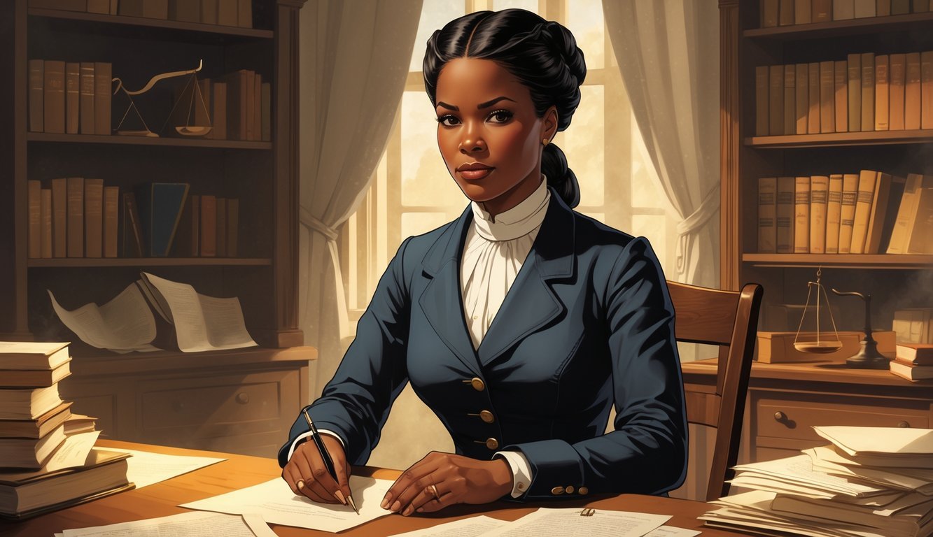 Portrait of Ida B. Wells sitting at a desk with papers and a pen, looking determined and confident.