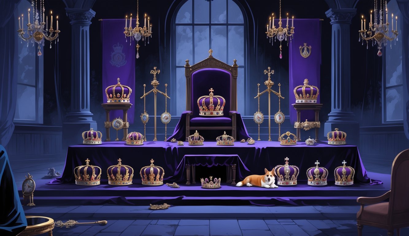 A royal chamber with crowns and jewels displayed solemnly on cushions, an empty throne draped in black, and subtle symbols of old royal traditions, conveying mourning after the queen's passing.